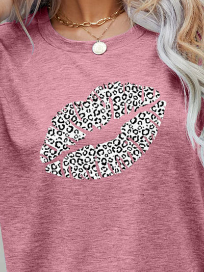 Leopard Lip Graphic Round Neck Tee-Jewearrings