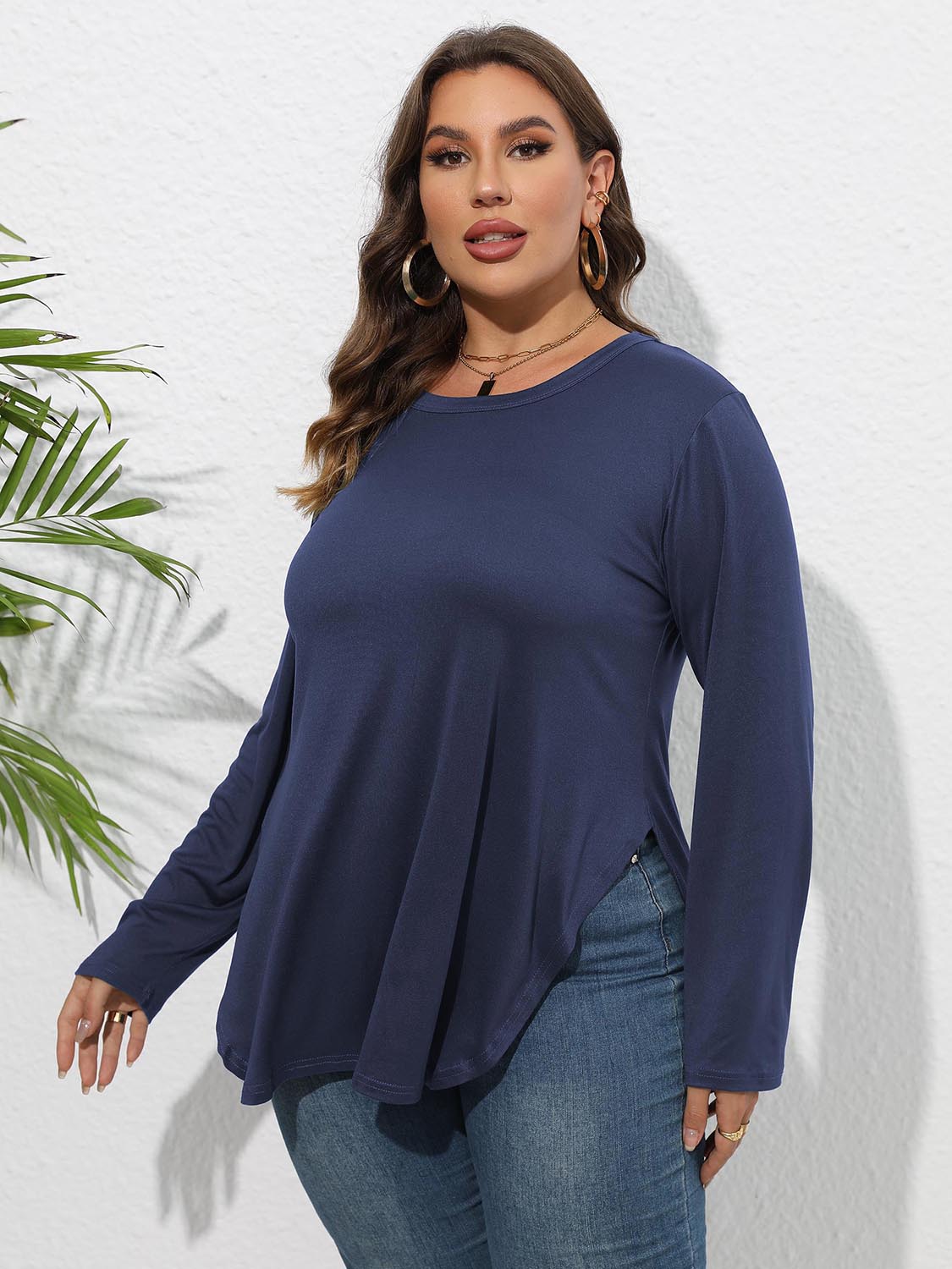 Plus Size Round Neck Long Sleeve Slit T-Shirt-Jewearrings