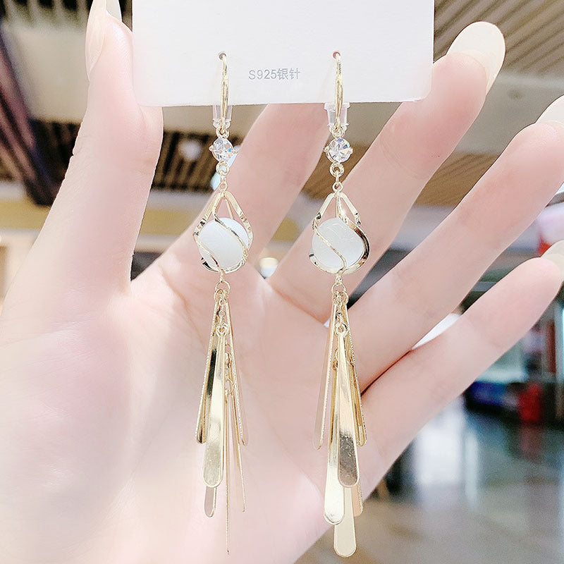 Opal Long Metal Sequin Tassel Drop Earrings-Jewearrings