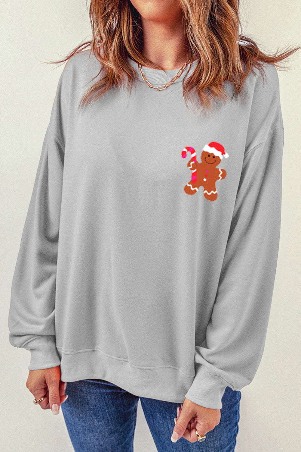 Gingerbread Round Neck Dropped Shoulder Sweatshirt-Jewearrings