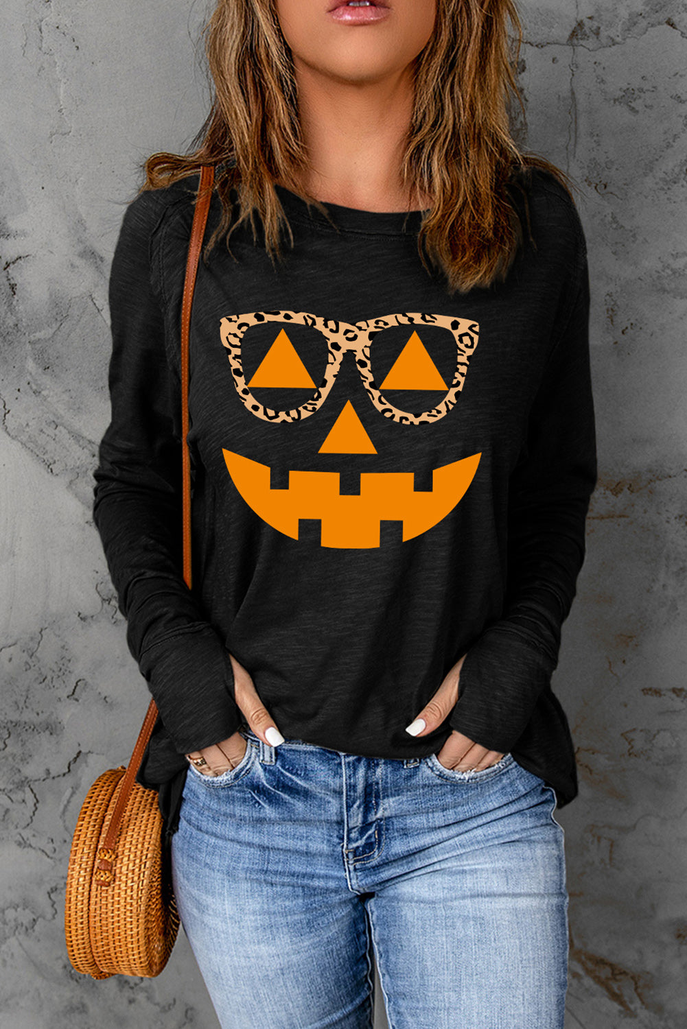 Pumpkin Face Graphic Long Sleeve T-Shirt-Jewearrings