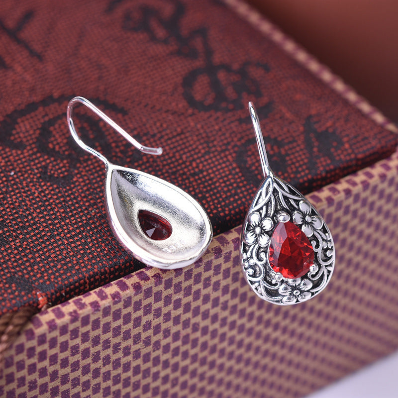 Water Drop Pear Shaped Vintage Earrings Silver Carved Ruby-Jewearrings