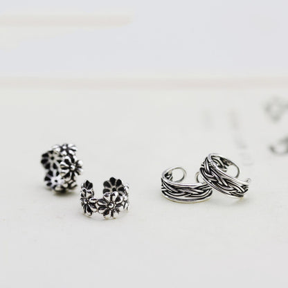 Thai silver five petal flower ear clip earrings-Jewearrings