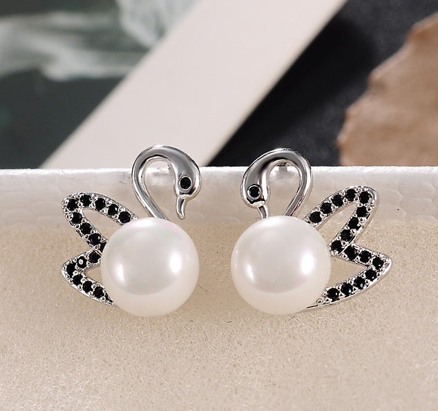 Super Flash Swan Stud Earrings Female 925 Sterling Silver-Jewearrings