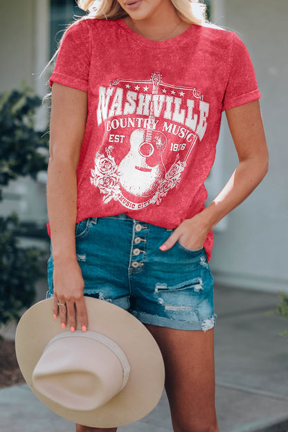 NASHVILLE COUNTRY MUSIC Graphic Round Neck Tee Shirt-Jewearrings