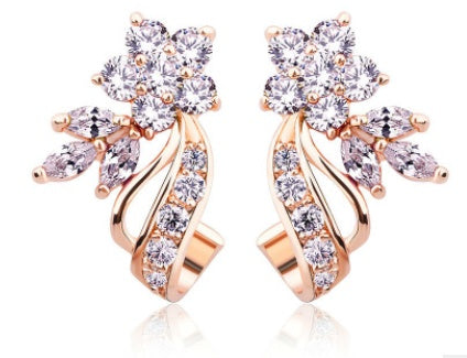 Stylish and beautiful ladies earrings Flower ribbon copper plated rose gold with zircon ear jewelry-Jewearrings