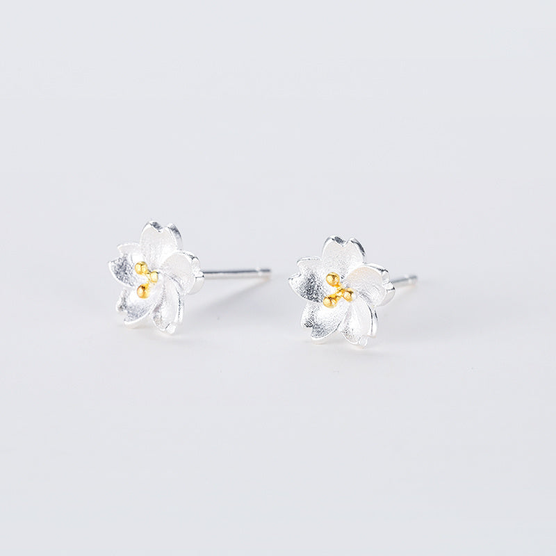 925 Handmade Plain Silver Cherry Blossom Stud Earrings-Jewearrings