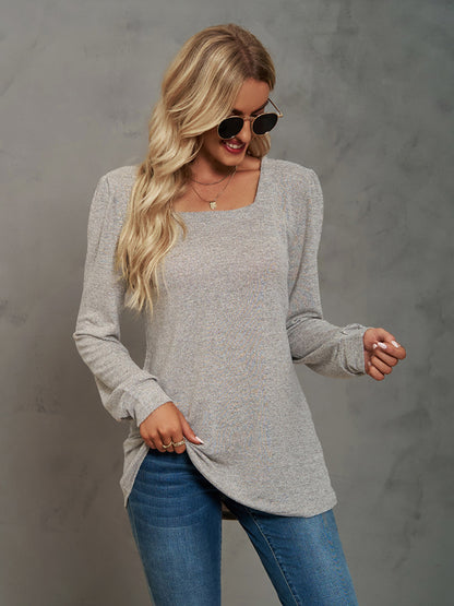 Heathered Square Neck Long Sleeve T-Shirt-Jewearrings