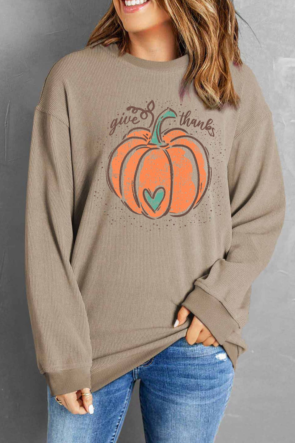 Pumpkin Graphic Round Neck Long Sleeve Sweatshirt-Jewearrings