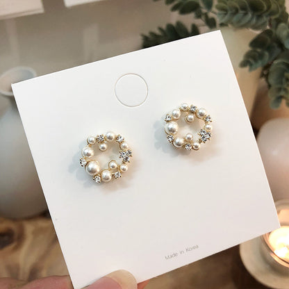 Round Pearl Zircon Stud Earrings-Jewearrings