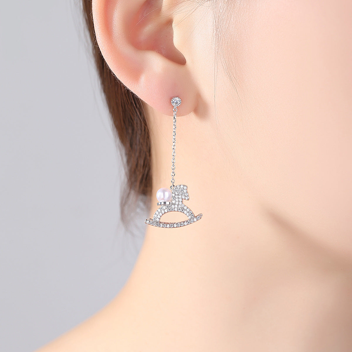 Rocking Horse Earrings Zircon Korean Fashion Long Pearl Women's Earrings-Jewearrings