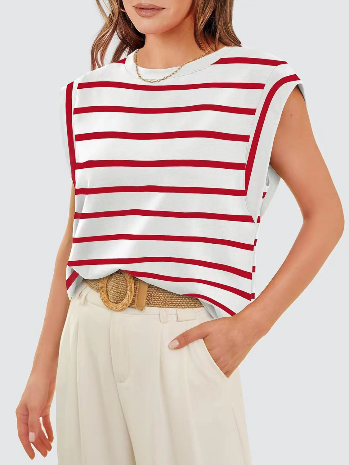 Striped Round Neck Cap Sleeve T-Shirt-Jewearrings