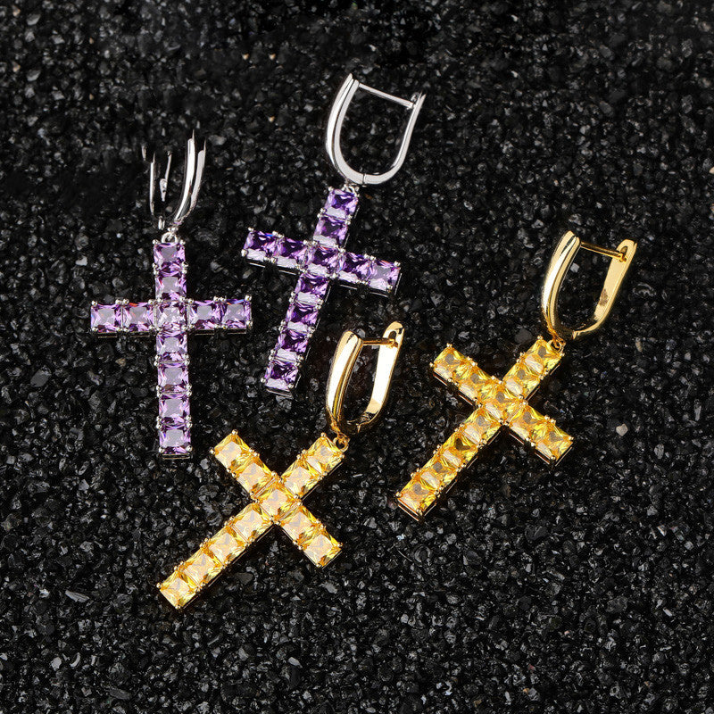 Square zircon Cross Earrings-Jewearrings