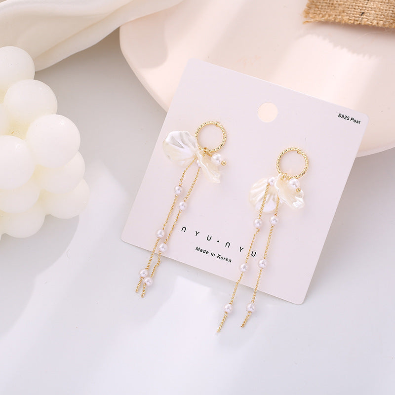 Pearl Petal Long Fringe Stud Earrings-Jewearrings