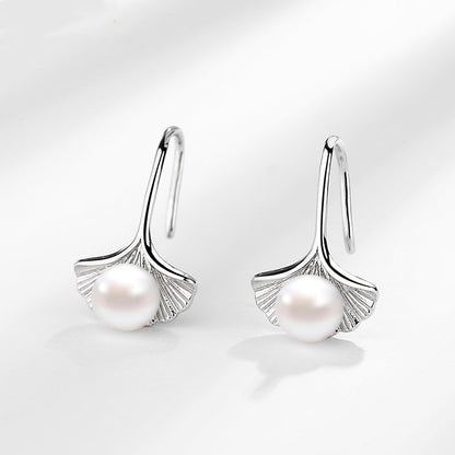 Sterling Silver Earrings Ginkgo Leaf Pearl Female-Jewearrings