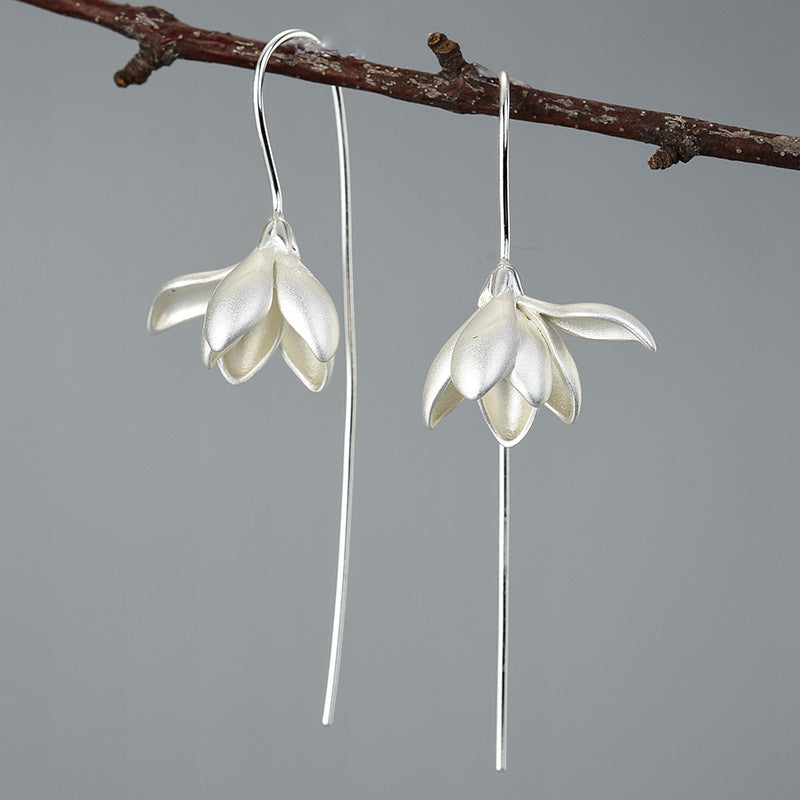 Female Magnolia Flower Sterling Silver Earrings-Jewearrings