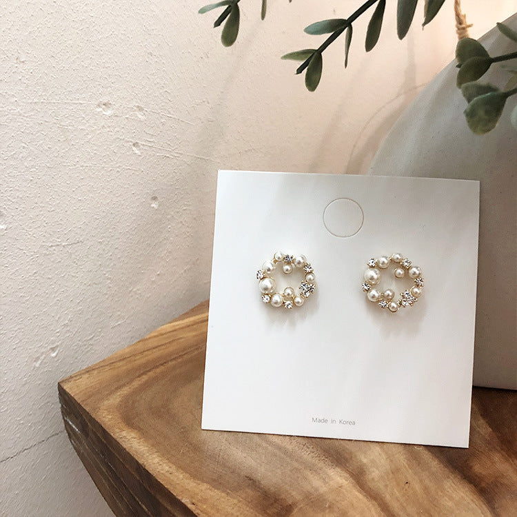 Round Pearl Zircon Stud Earrings-Jewearrings