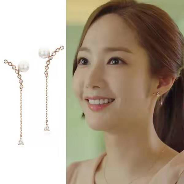 Temperament earrings Korean drama gold secretary Park Min-ying with the earrings Pearl long earrings-Jewearrings