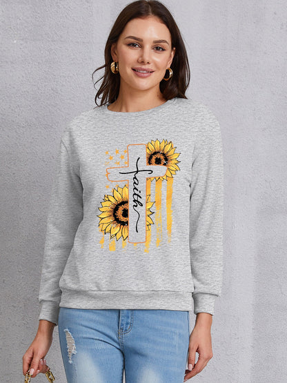 Sunflower Round Neck Dropped Shoulder Sweatshirt-Jewearrings