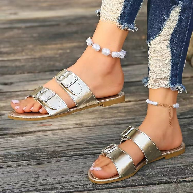 Open Toe Double Buckle Sandals-Jewearrings