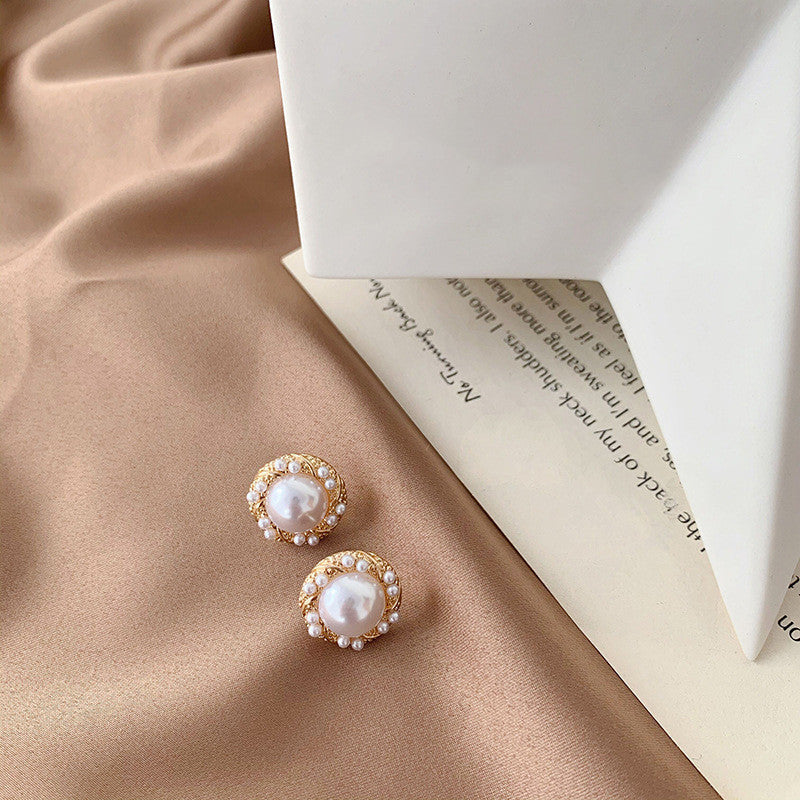 Silver Post Pearl Stud Earrings Geometric Round Earrings Korea-Jewearrings