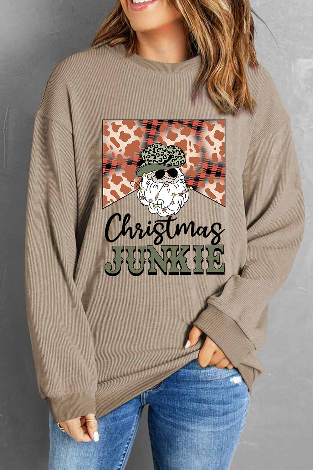 CHRISTMAS JUNKIE Ribbed Round Neck Sweatshirt-Jewearrings