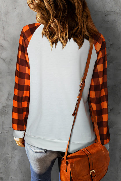 Pumpkin Graphic Round Neck Long Plaid Sleeve Tee-Jewearrings