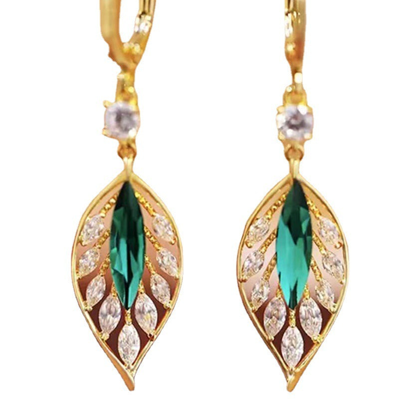 Shining Zircon Green Leaves Ear Clip Trendy Elegant Earrings-Jewearrings