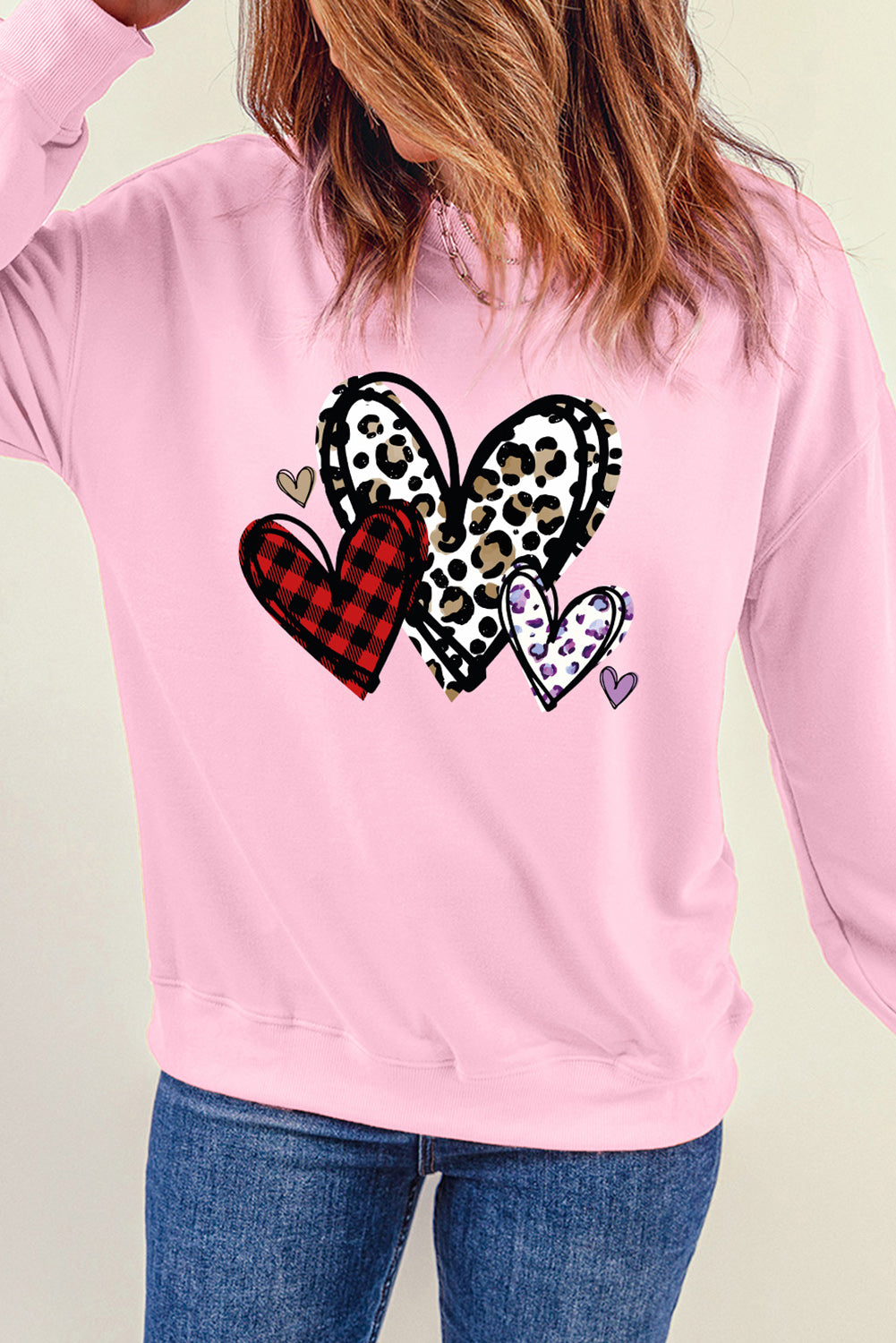 Heart Round Neck Dropped Shoulder Sweatshirt-Jewearrings