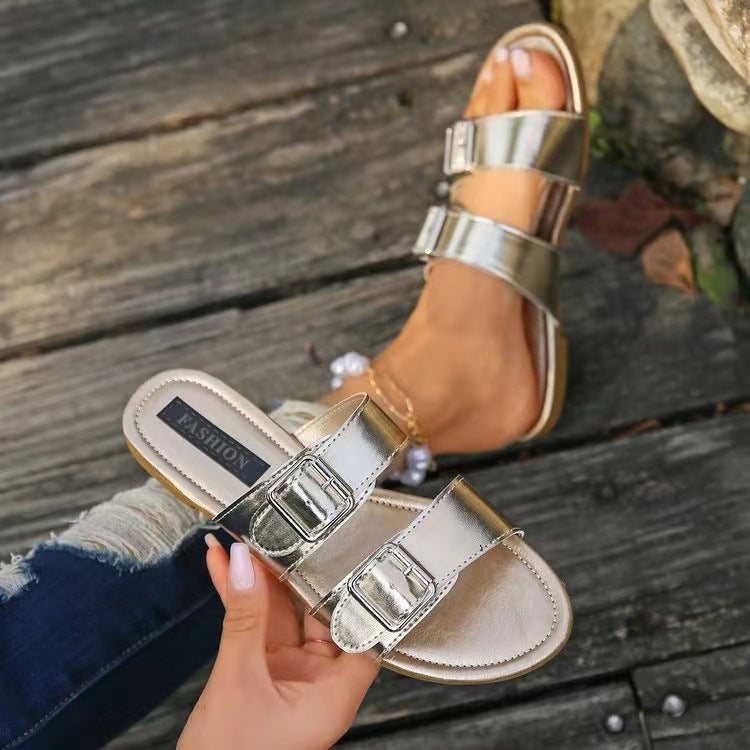 Open Toe Double Buckle Sandals-Jewearrings