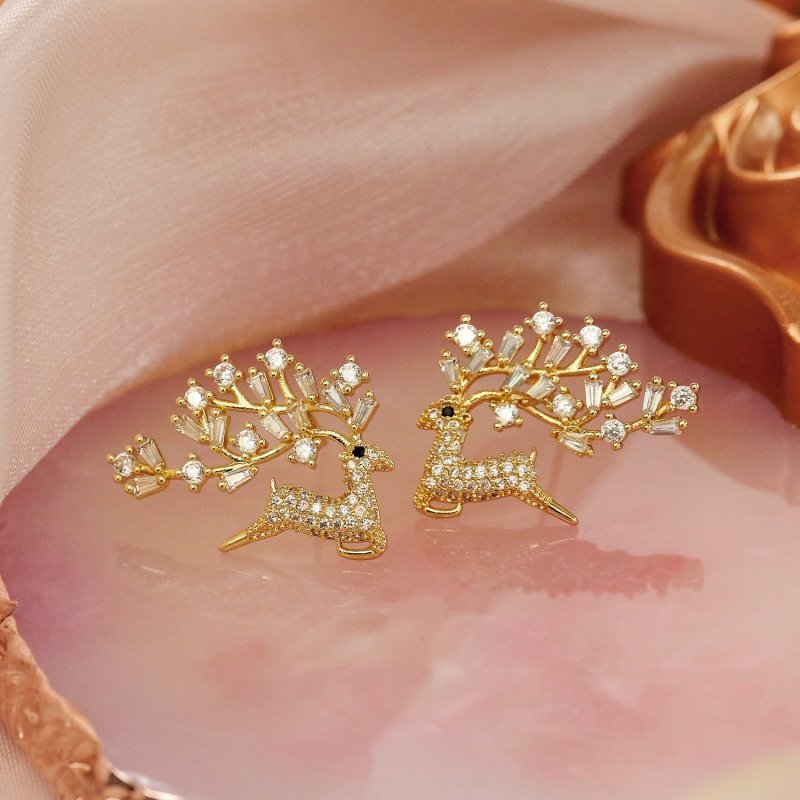 14K Gold Diamond Zircon Elk Earrings Silver-Jewearrings