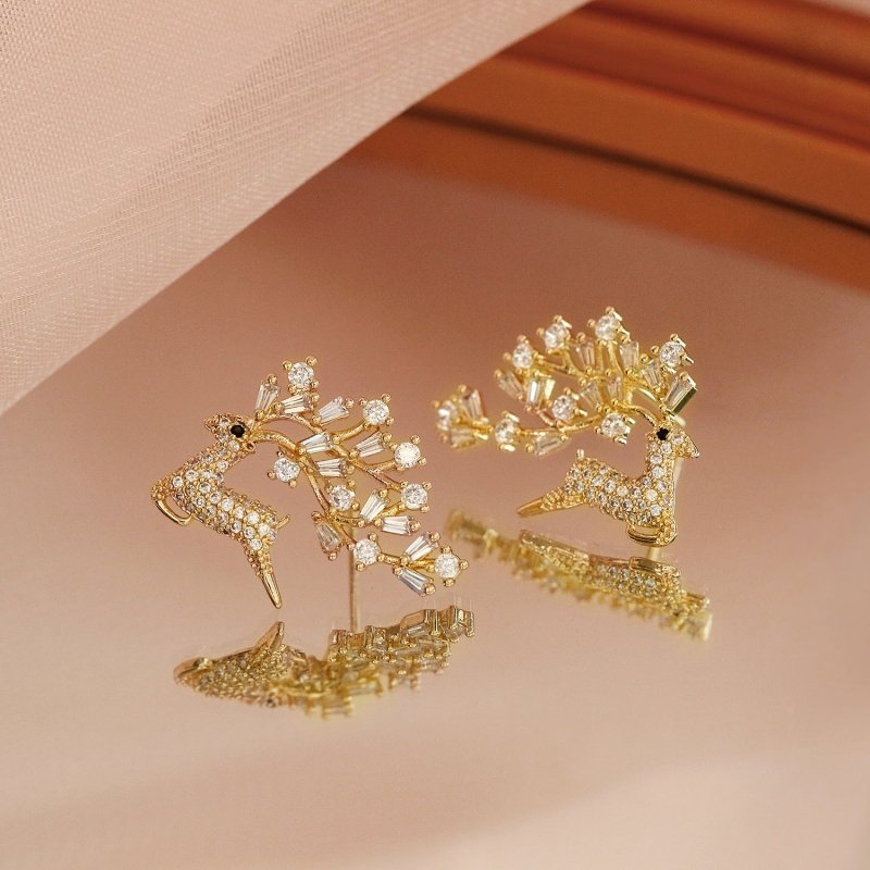 14K Gold Diamond Zircon Elk Earrings Silver-Jewearrings