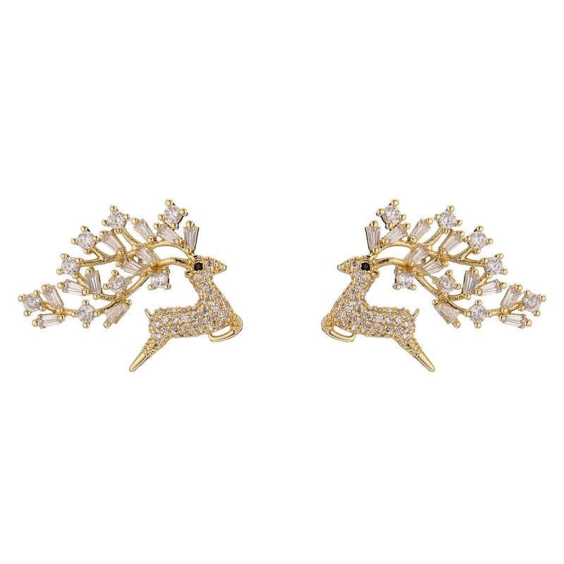 14K Gold Diamond Zircon Elk Earrings Silver-Jewearrings