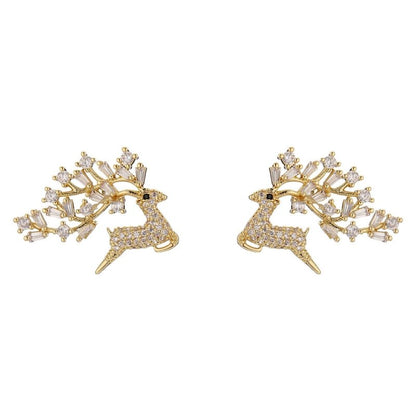 14K Gold Diamond Zircon Elk Earrings Silver-Jewearrings