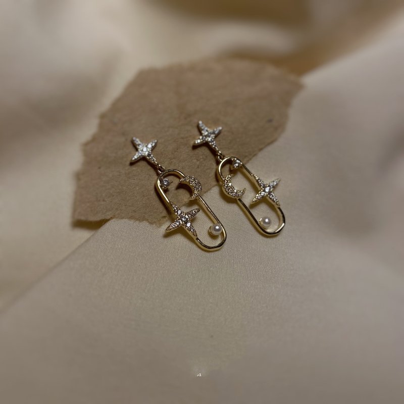 14K Gold Micro Inlaid Geometric Design Tassel Star Moon Sterling Silver Earrings-Jewearrings