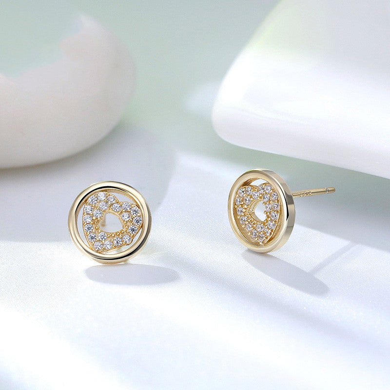 14K Gold Round Hollow Earrings Heart Shaped Zircon Earrings-Jewearrings