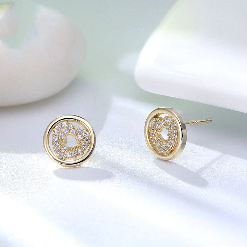 14K Gold Round Hollow Earrings Heart Shaped Zircon Earrings-Jewearrings