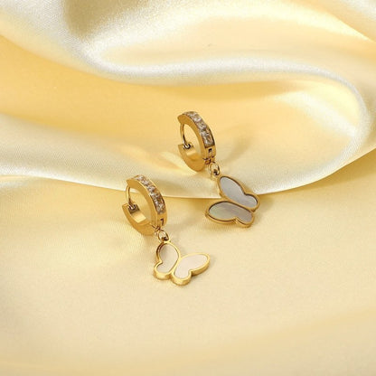 14K Gold Stainless Steel Earrings Natural White Shell Butterfly Pendant-Jewearrings