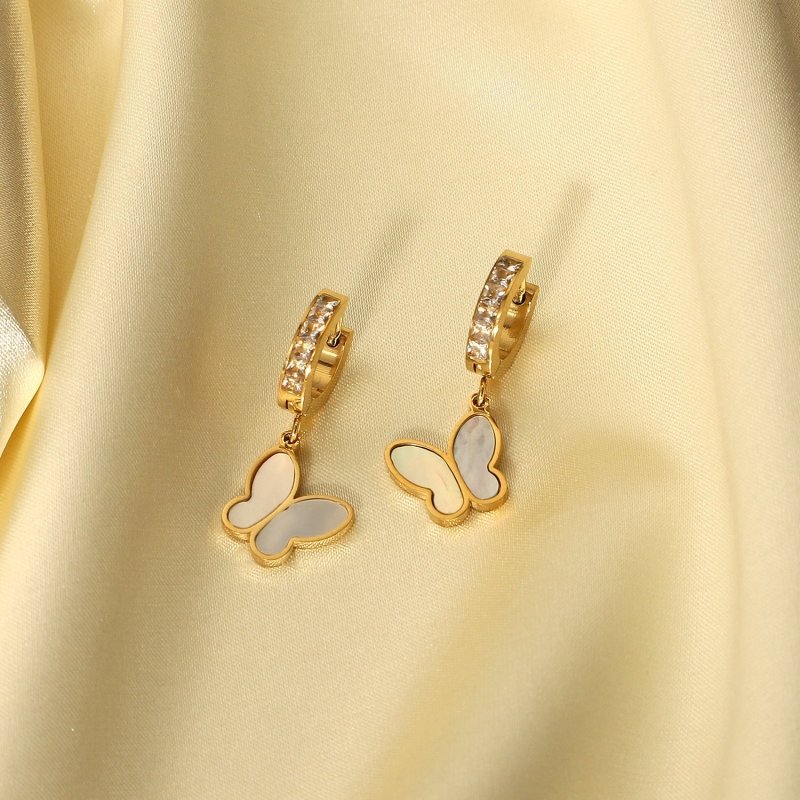 14K Gold Stainless Steel Earrings Natural White Shell Butterfly Pendant-Jewearrings