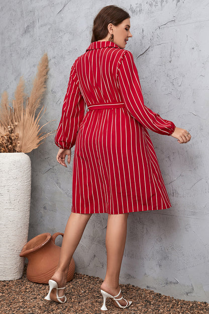 Plus Size Striped Tie Waist Shirt Dress-Jewearrings