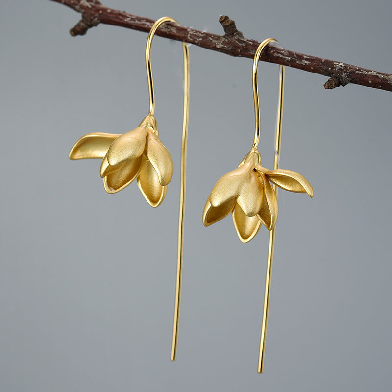 Female Magnolia Flower Sterling Silver Earrings-Jewearrings