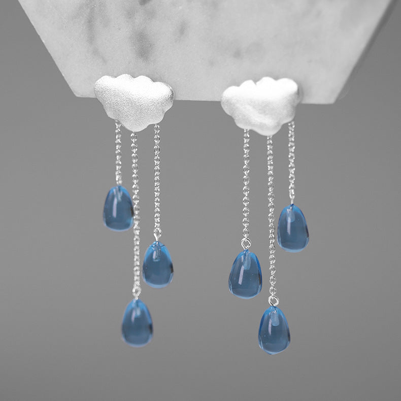 Cloud Raindrop Sterling Silver Imitation Crystal Women's Tassel Fairy Earrings-Jewearrings