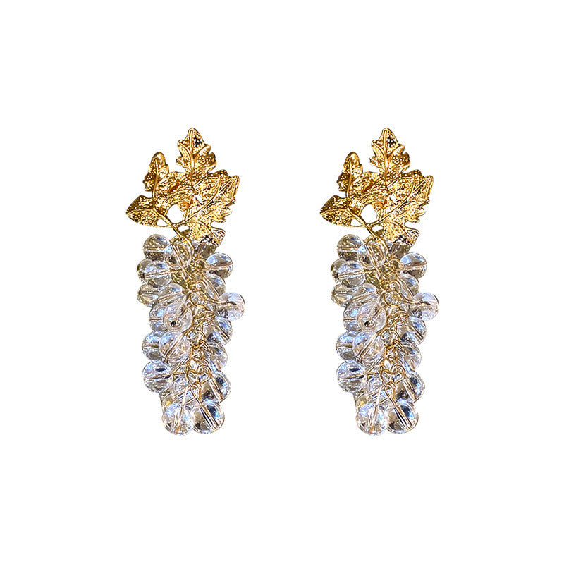 925 Silver Needle Korean Fashion Leaf Crystal Grape Stud Earrings-Jewearrings