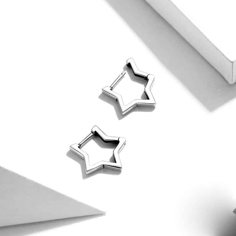 Simple Hollow Five-pointed Star Stud Earrings In Sterling Silver-Jewearrings