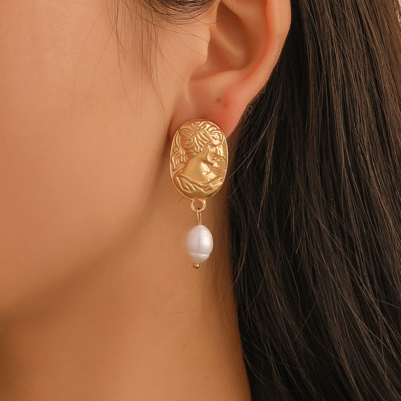 Simple Imitation Pearl Gold Ethnic Face Geometric Earrings-Jewearrings