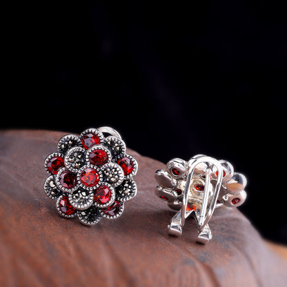 Ladies 925 Silver Jewelry Flower Red Zircon Earrings-Jewearrings