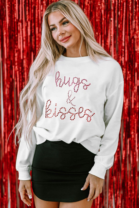 HUGS & KISSES Rhinestone Round Neck Sweatshirt-Jewearrings