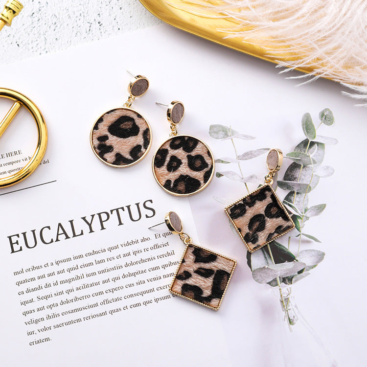 925 silver pin sexy leopard earrings metal geometric square round suede striped earrings exaggerated tide earrings-Jewearrings