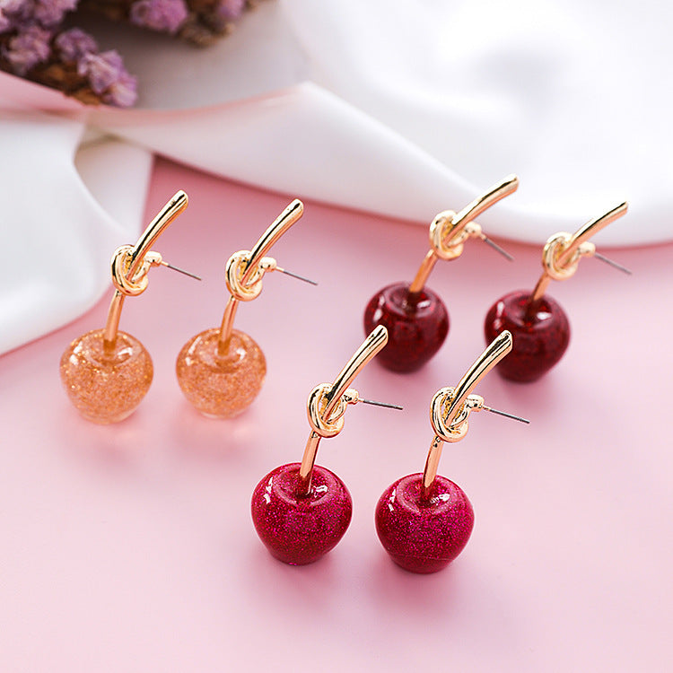 Fashion Women Sequins Flashing Red Cherry Earrings Sweet Wild Golden Cherry Earrings Knotted Stud Earrings For Women-Jewearrings