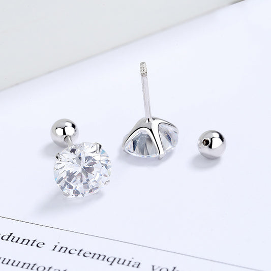 Sterling Silver Zircon Four-claw Round Bead Thread Stud Earrings-Jewearrings